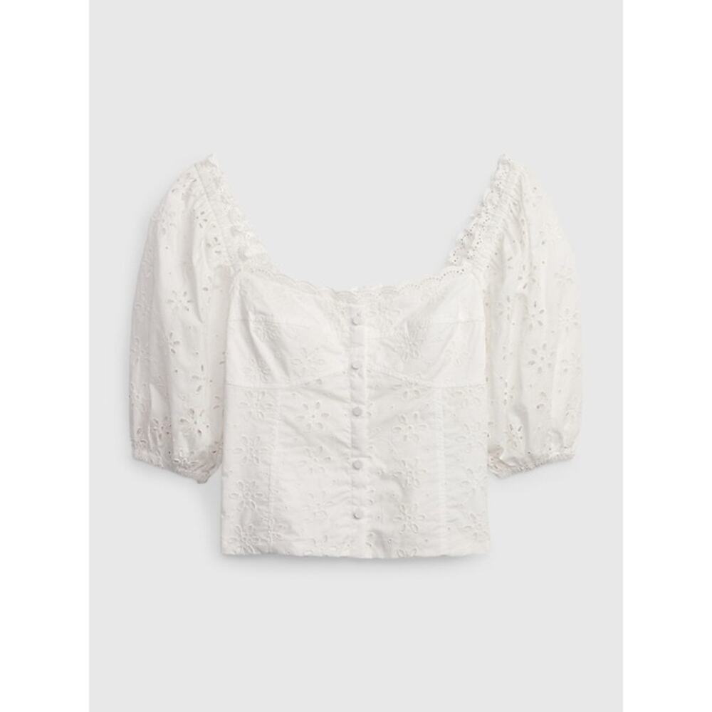 Gap Cotton Eyelet Square Neck Short Puff Sleeve Embroidered Blouse White